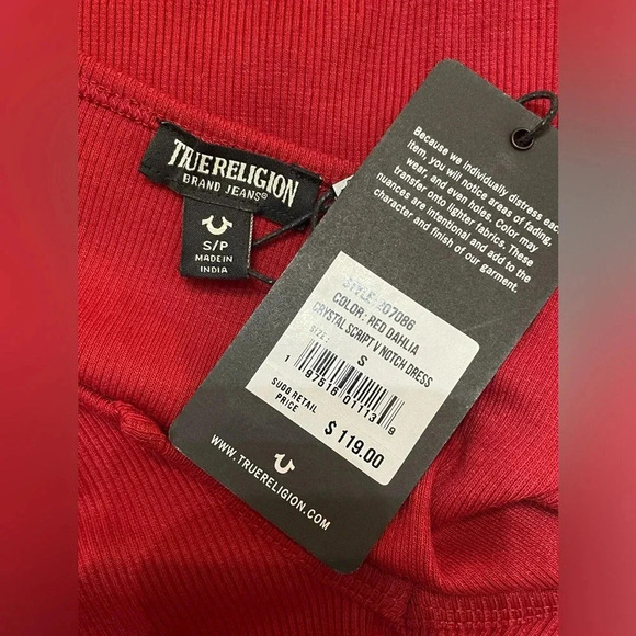 TRUE RELIGION Red‎ Dahlia Crystal Script V Notch Dress Small New with Tags - Picture 9 of 10